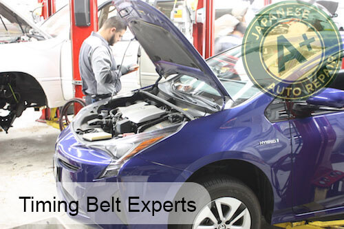 Trust us with your auto repairs Timing Belt Experts - Mechanic working on a timing belt at A+ Japanese Auto Repair in San Carlos, CA